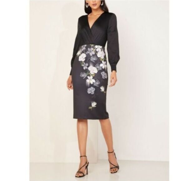 Ted Baker 5/14 Opal Alithea Black Floral V Neck Long Sleeve Bodycon Midi Dress - Picture 2 of 13